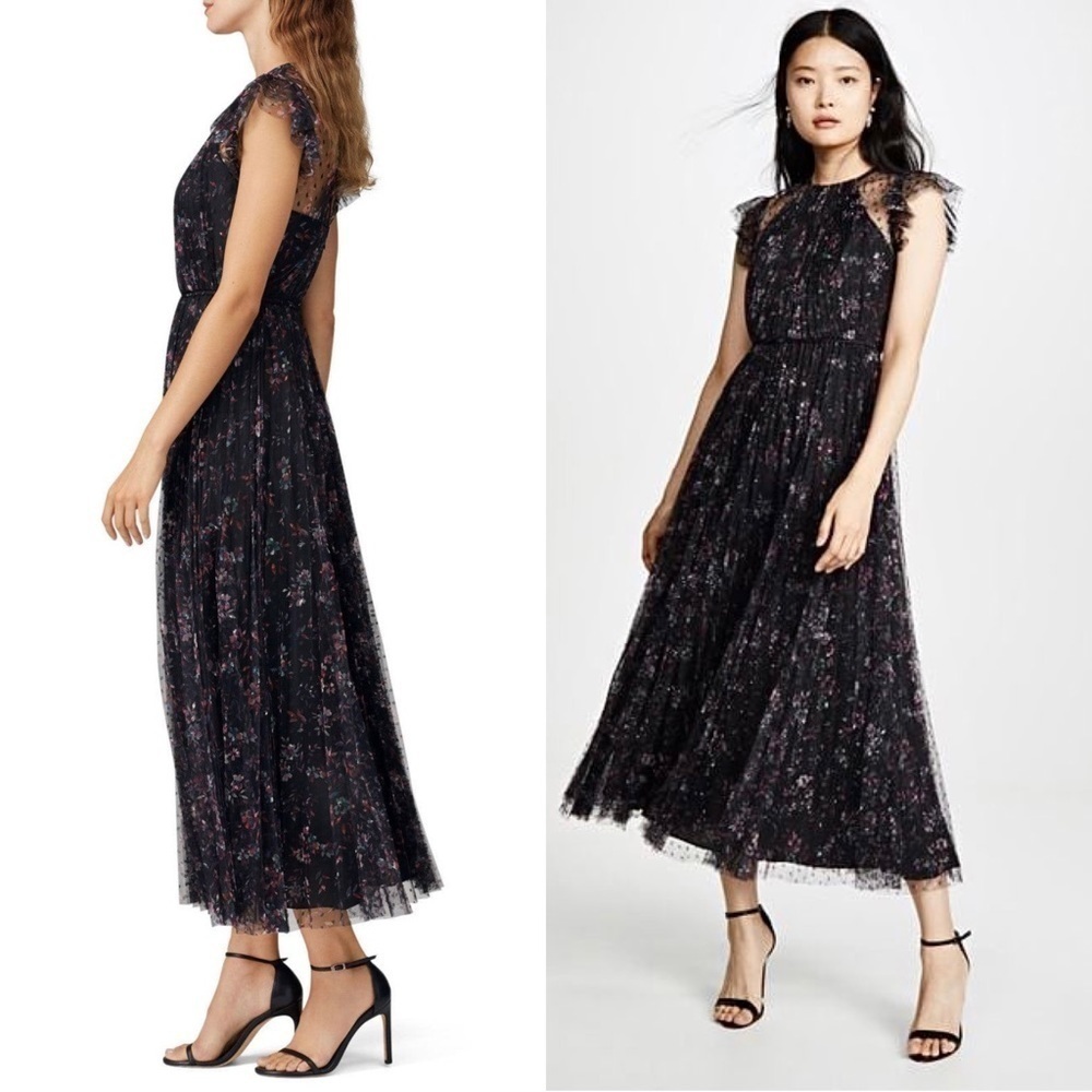 JILL STUART Floral‎ Tulle Sheer Dot Ruffle Flutter Sleeve Pleated Maxi Gown 0 - Picture 4 of 15